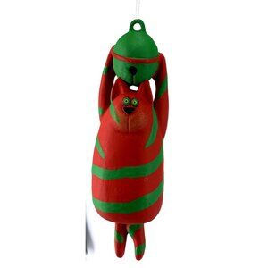 Dept 56 Red Green Stripe Cat Hanging onto Bell Christmas Ornament 6" Vintage